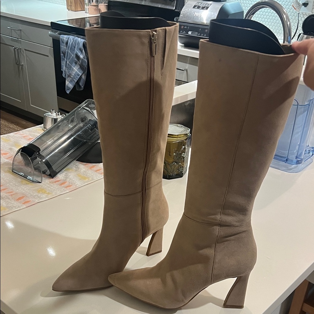 Vince camuto Knee-High Pointed Toe Block Heel Boots - Taupe